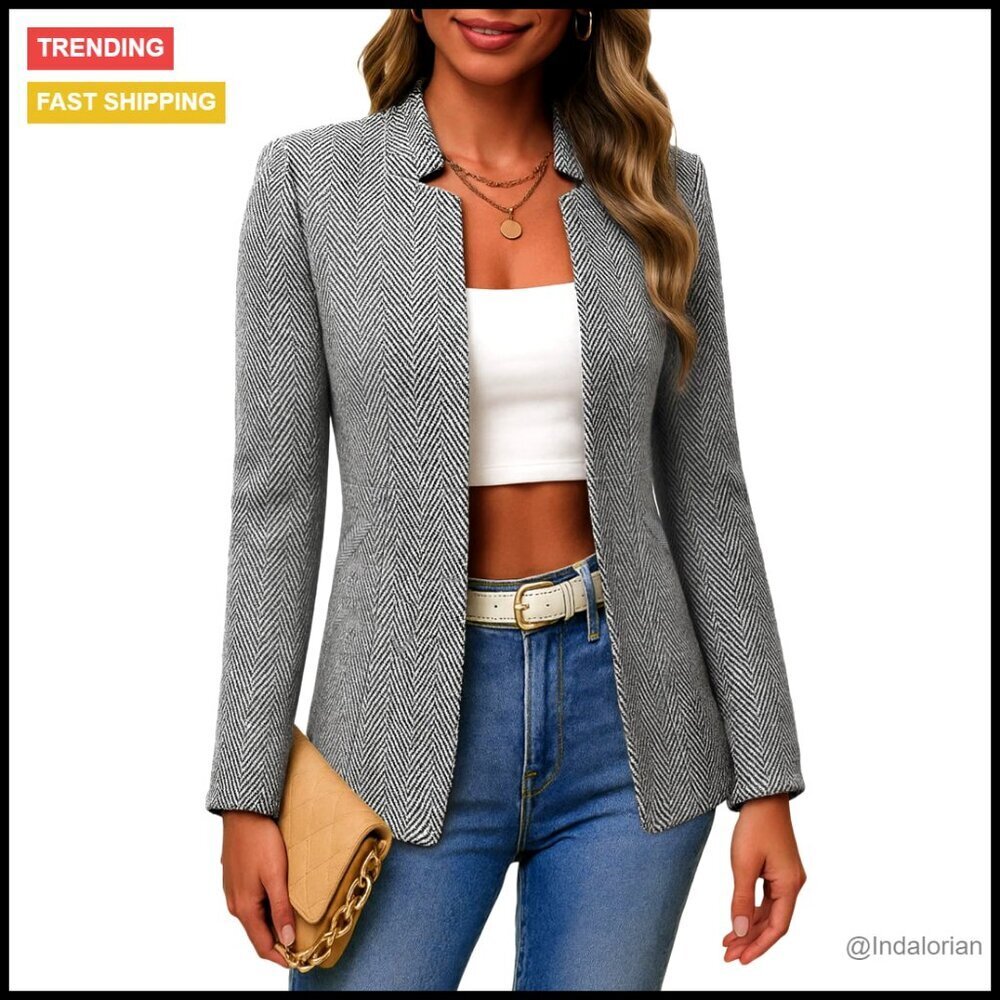 Tweed Plaid Blazer Jacket Open Front Stand Collar Casual Work Office Coat